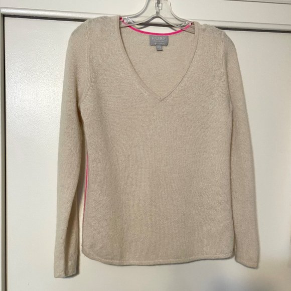 Pure Collection 100% Cashmere Sweater Long Sleeve V-Neck Top Tan/Cream/Pink   4 - Picture 13 of 16